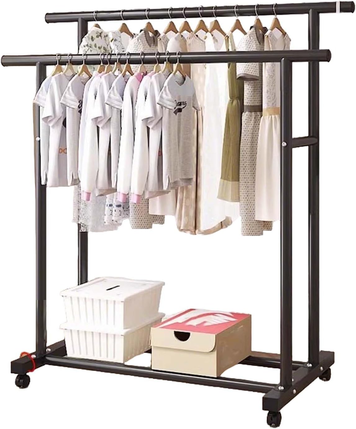 Heavy-Duty Metal Clothes Rack, Rolling Garment Rack with Sturdy Wheels & Shelves, Freestanding Double Rod Clothing Rack for Hanging, Portable Industrial Wardrobe Organizer