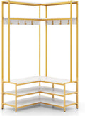 Multigot L-shaped Clothes Rack, Freestanding Corner Garment Rack Hall Tree with Shoe Storage Bench, Shelves and 7 Hooks, Metal Frame Coat Rack Stand Closet Storage Organizer (White+Golden)