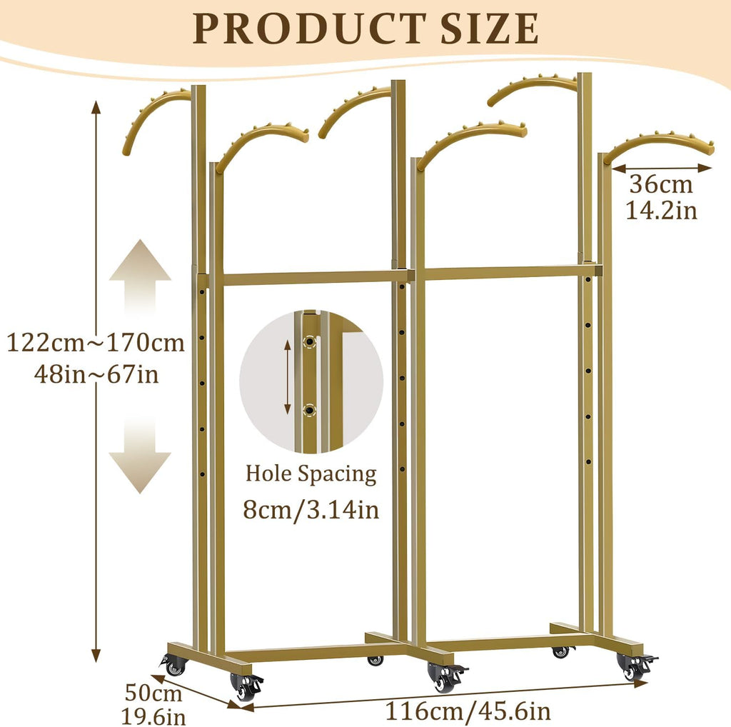 Clothes Rack 6 Arms Clothing Display Racks for Retail, Floor Standing Metal Garment Rack with Wheels 48'' to 67'' Adjustable Height for Hanging Clothes,Gold