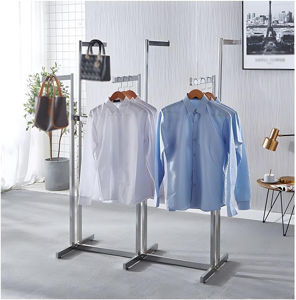 Floor Standing Clothing Store Metal Garment Rack, 6 Way Heavy Duty Clothing Display Stand, Adjustable Lifting Hanging Clothes Racks, for Boutiques, Laundry Room (Silver 116x84x160cm)