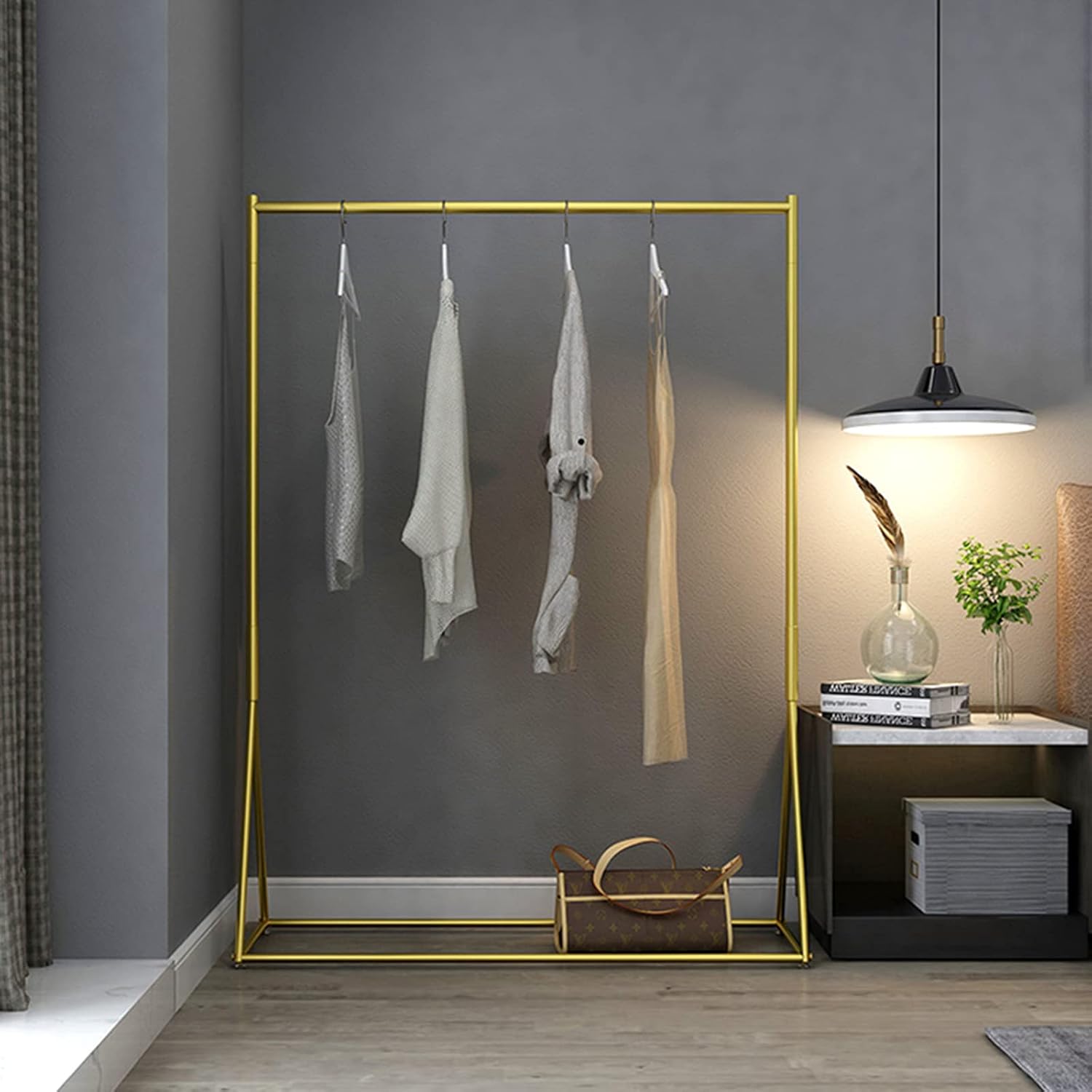 Mlaea Free-Standing Garment Rack, Portable Single-Pole Hanging Rail, Garment Rack for Hanging Clothes, for Bedroom, Clothes Shop, Balcony,Gold, 150cm(Size:80 * 42 * 150CM,Color:Gold)