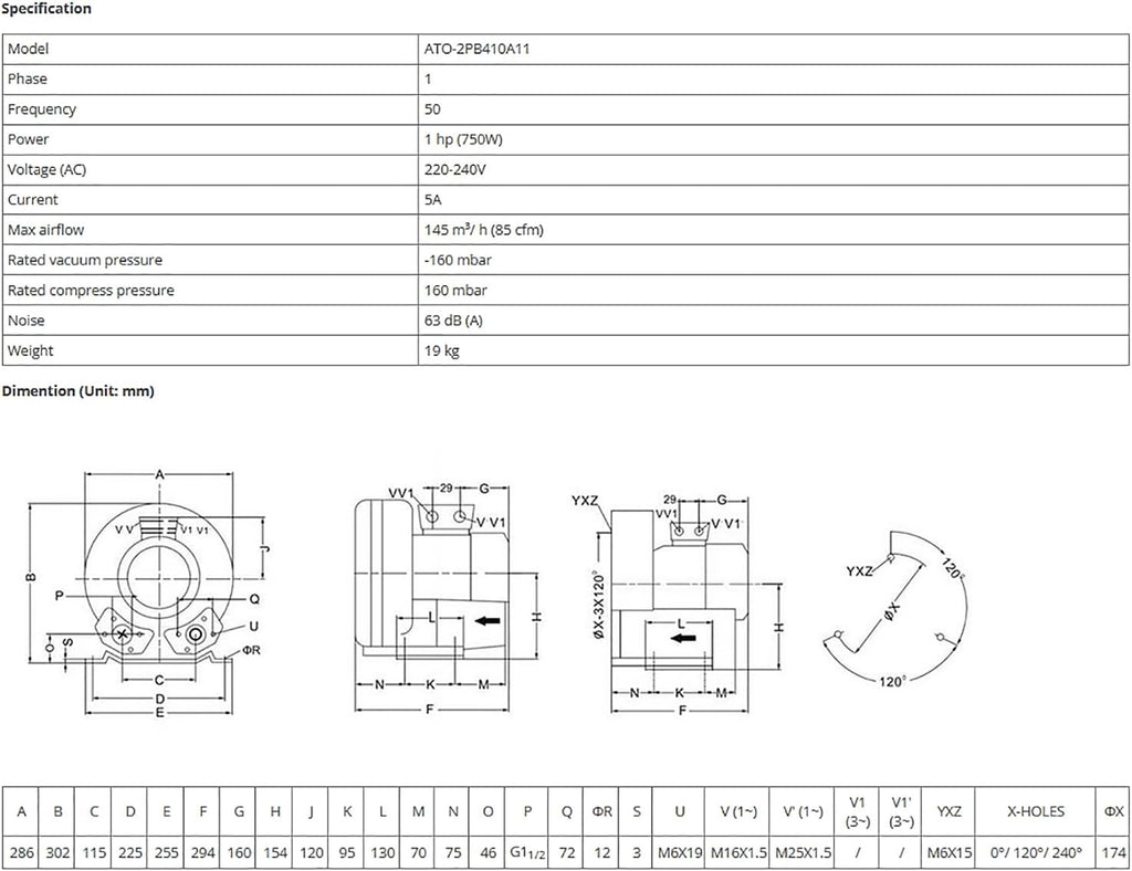 ATO 1 Phase 1 hp (750W) Regenerative Blower for Air Blowing/Suction, 220-240V Quiet 85CFM Industrial Vacuum Pump Blower,for Heavy Duty Aquarium Aerator, Sewage System