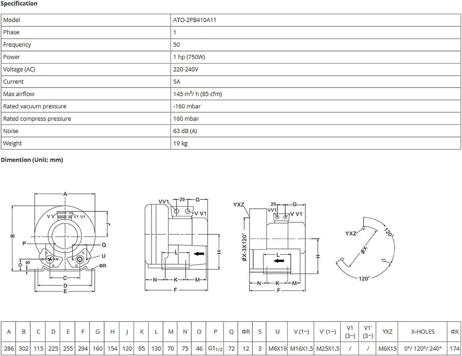 ATO 1 Phase 1 hp (750W) Regenerative Blower for Air Blowing/Suction, 220-240V Quiet 85CFM Industrial Vacuum Pump Blower,for Heavy Duty Aquarium Aerator, Sewage System