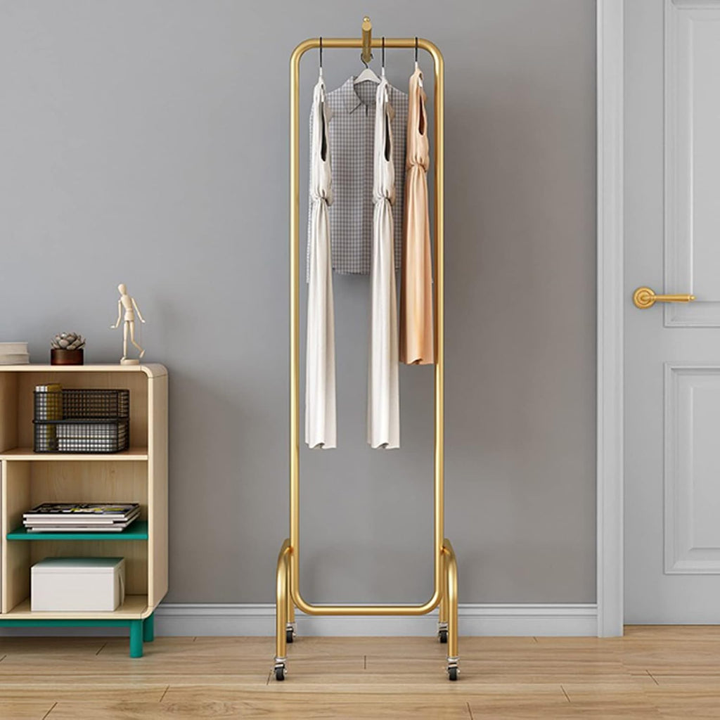 Garment Rack Nordic Wrought Iron Clothing Rack with Wheels,Heavy Duty Garment Rack for Hanging Clothes,Freestanding Coat Rack for Bedroom and Living Room,Save Space,50x3(Gold)