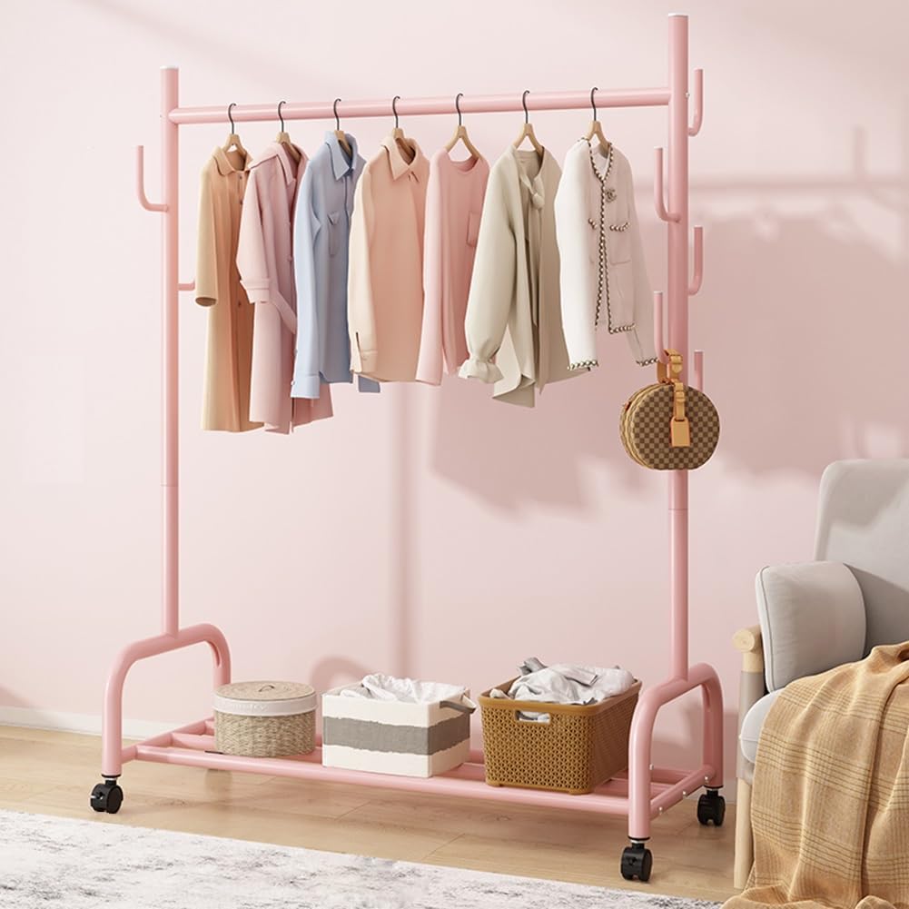 Garment Rack on Wheels, Multi-Functional Bedroom Clothing Rack with Hooks and Bottom Shelf, Metal Clothes Organizer for Hanging Coats, Skirts, Shirts(100x154)