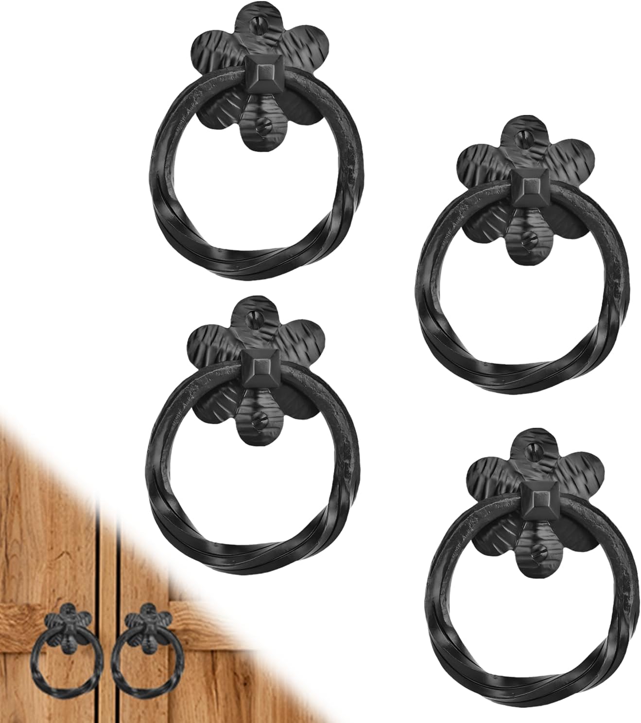 4 Pack 4.5' Decorative Black Ring Pulls - Heavy Duty Decorative Iron Pull - Handmade Rustic Metal Ring Pull for Chests, Trunks, Barn Doors & Door Pulls - The Farmhouse Series