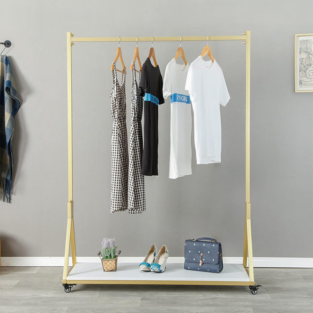 Modern Simple Heavy Duty Metal and Wood Rolling Clothing Garment Rack with Wheel,Creative Commercial Wedding Dress Display Shelf,Floor-Standing Clothes Hangers (Gold with Wood, 47.2' L)
