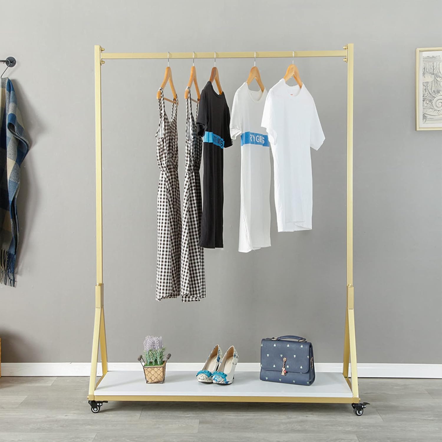 Modern Simple Heavy Duty Metal and Wood Rolling Clothing Garment Rack with Wheel,Creative Commercial Wedding Dress Display Shelf,Floor-Standing Clothes Hangers (Gold with Wood, 47.2' L)