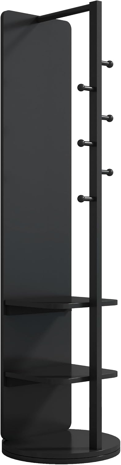 BOWEI Solid Wooden Mirror Coat Rack, Full Length Mirror with Coat Rack, Hall Coat Tree with Hooks and Storage Shelf for Coats, Hats, Bags, for Entryway, Hallway, Bedroom (Black)