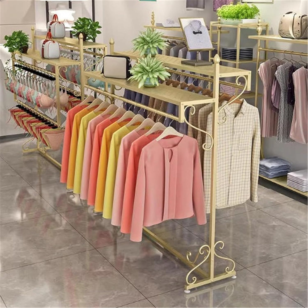 Clothing Rack Clothing Store Golden Island Display Shelf, Floor Standing Combination, Double Row Hanging Rack Bedroom(Medium)