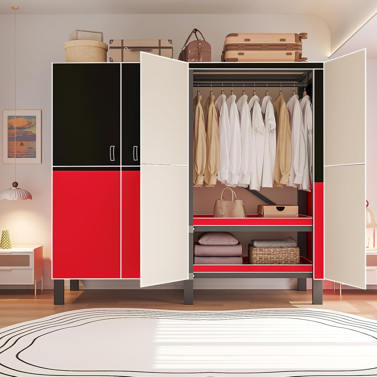 Heavy Duty Portable Closet Wardrobe, Garment Rack with Cover & Hanging Rods, Freestanding Wardrobe with Magnetic Door, Metal Closet Rack for Hanging Clothes (Door Design C, 70.9''/180cm)