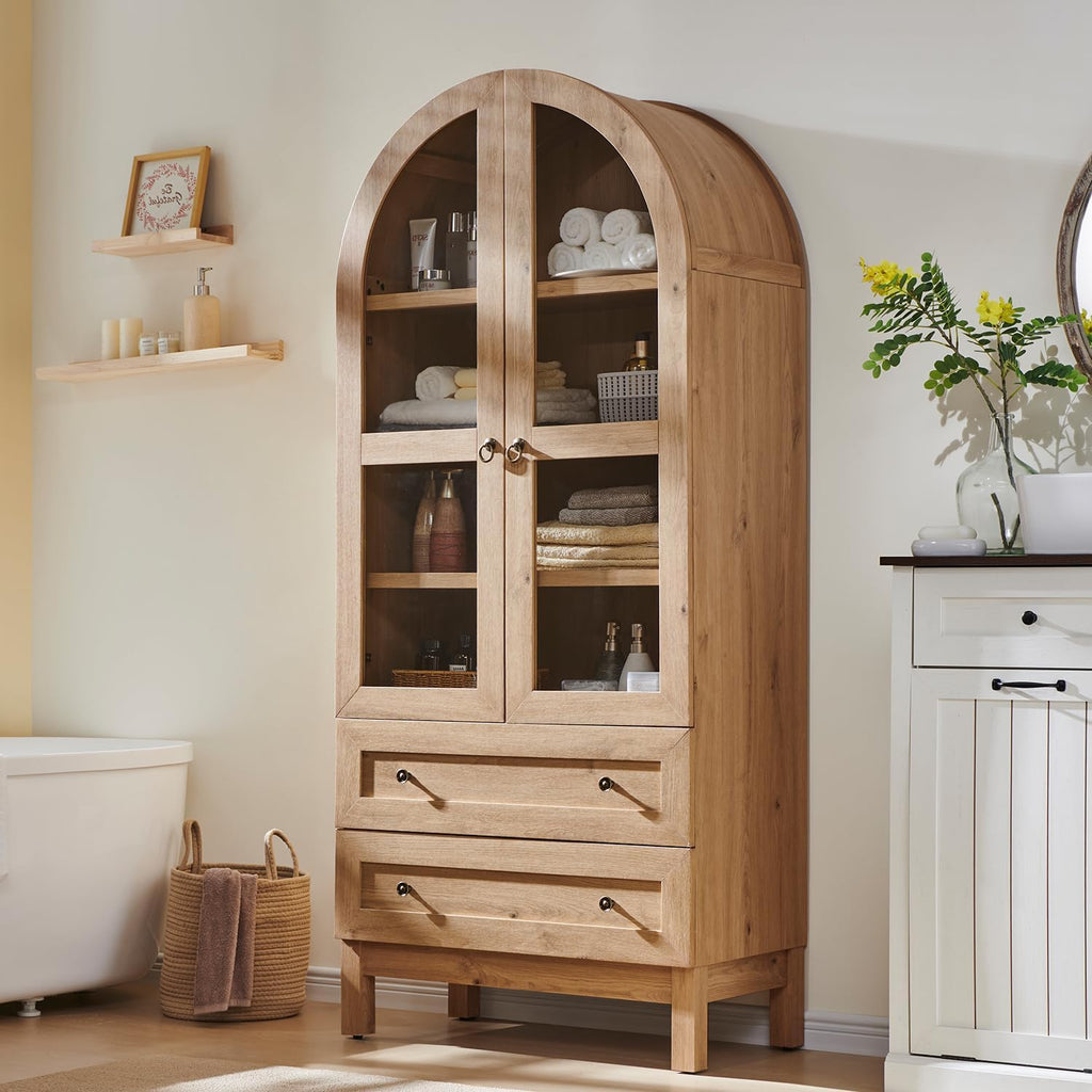 71' Tall Arched Bathroom Storage Cabinet, 4-Tier cabinet w/2 Large Drawers &Adjustable Shelves, Wooden Bathroom Floor cabinets w/Glass Doors, Modern Farmhouse Versatile Cabinets for bathroom, Natrual