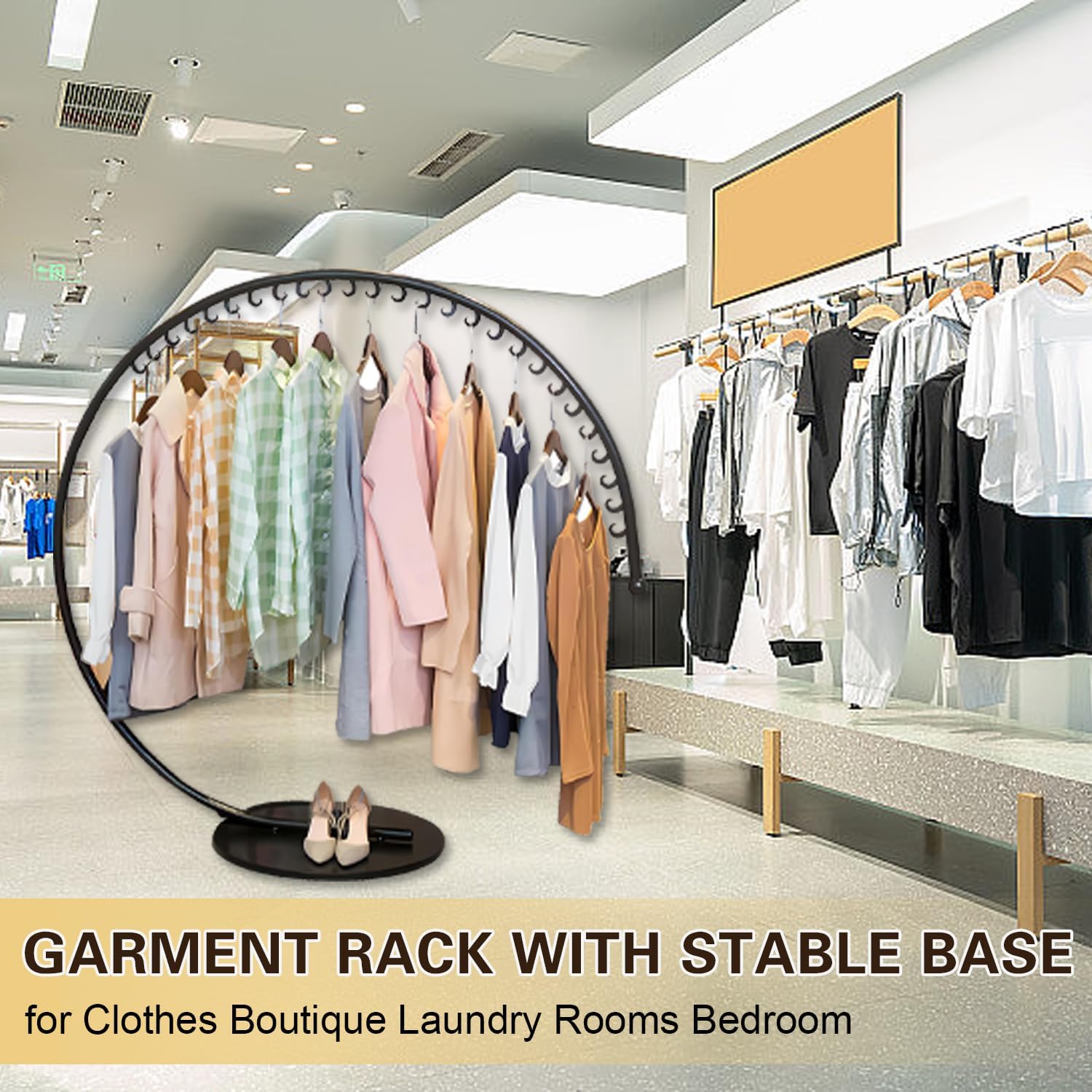 Floor Standing Metal Clothes Rack, Round Garment Rack with Stable Base, Commercial Portable Retail Display Clothing Racks, Creative Garment Rack for Hanging Clothes,Gold,Medium