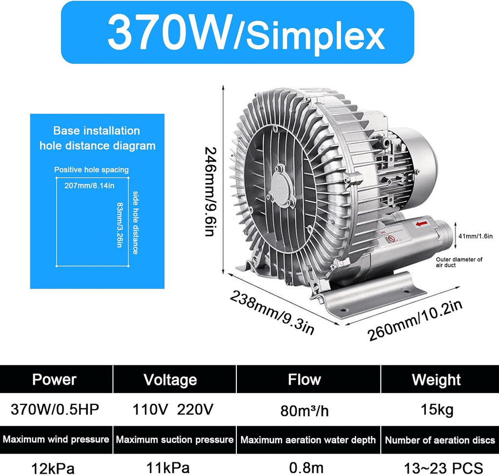 Industrial Regenerative Blower, 110V, 120W-1100W, Single Phase, Large Airflow Type High-Pressure Vortex Ring Blower, for Sewage Aeration Aquarium Fish Pond,370W/0.5HP