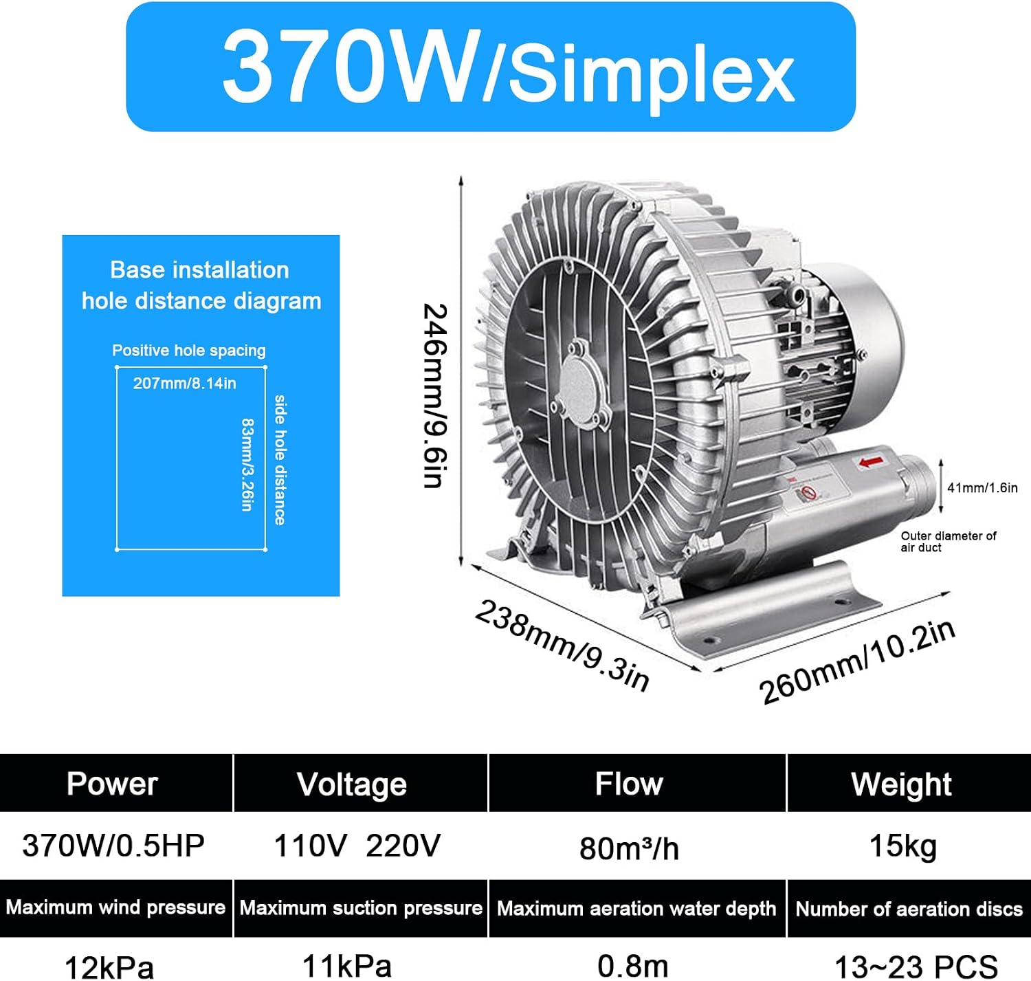 Industrial Regenerative Blower, 110V, 120W-1100W, Single Phase, Large Airflow Type High-Pressure Vortex Ring Blower, for Sewage Aeration Aquarium Fish Pond,370W/0.5HP