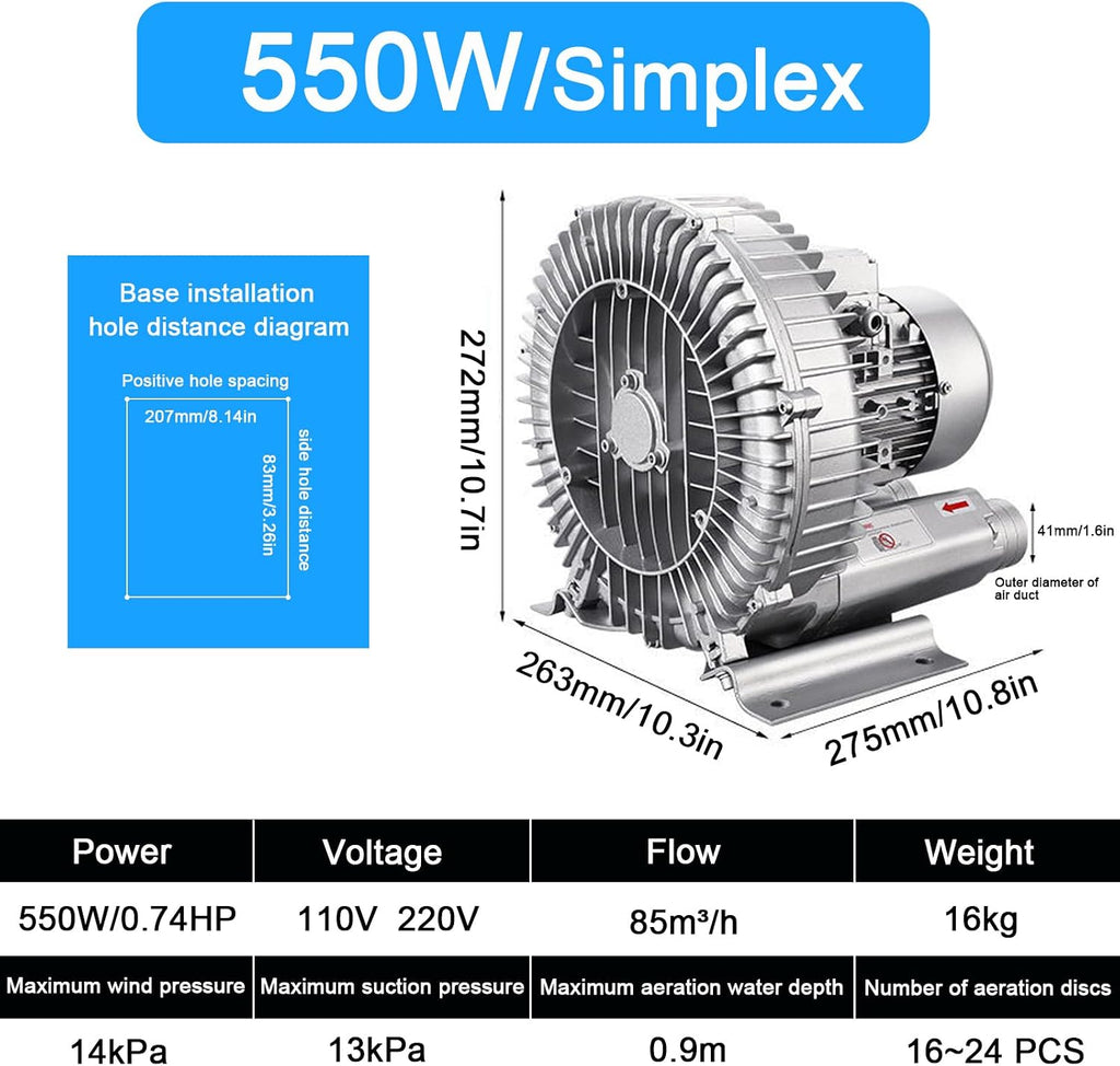 120W-1100W Regenerative Blower, 110v Vortex Blower, Single Phase, Industrial Vacuum Pump Ring Blower 0.16HP-1.49HP, for Air Blowing Or Suction,550W/0.74HP