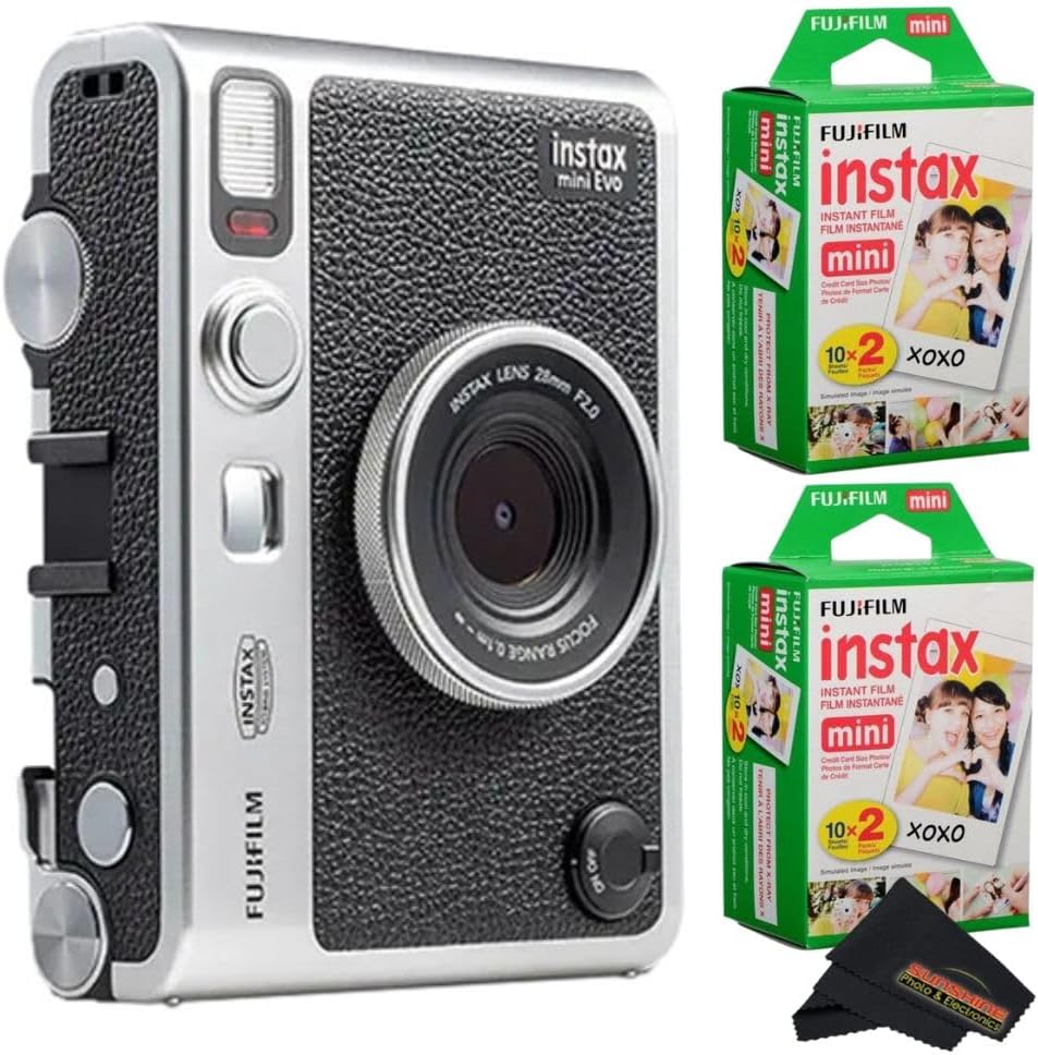 Fujifilm Instax Mini EVO Instant Camera with Sunshine Photo Microfiber Cleaning Cloth (Camera + 2 Twin Packs, Black)