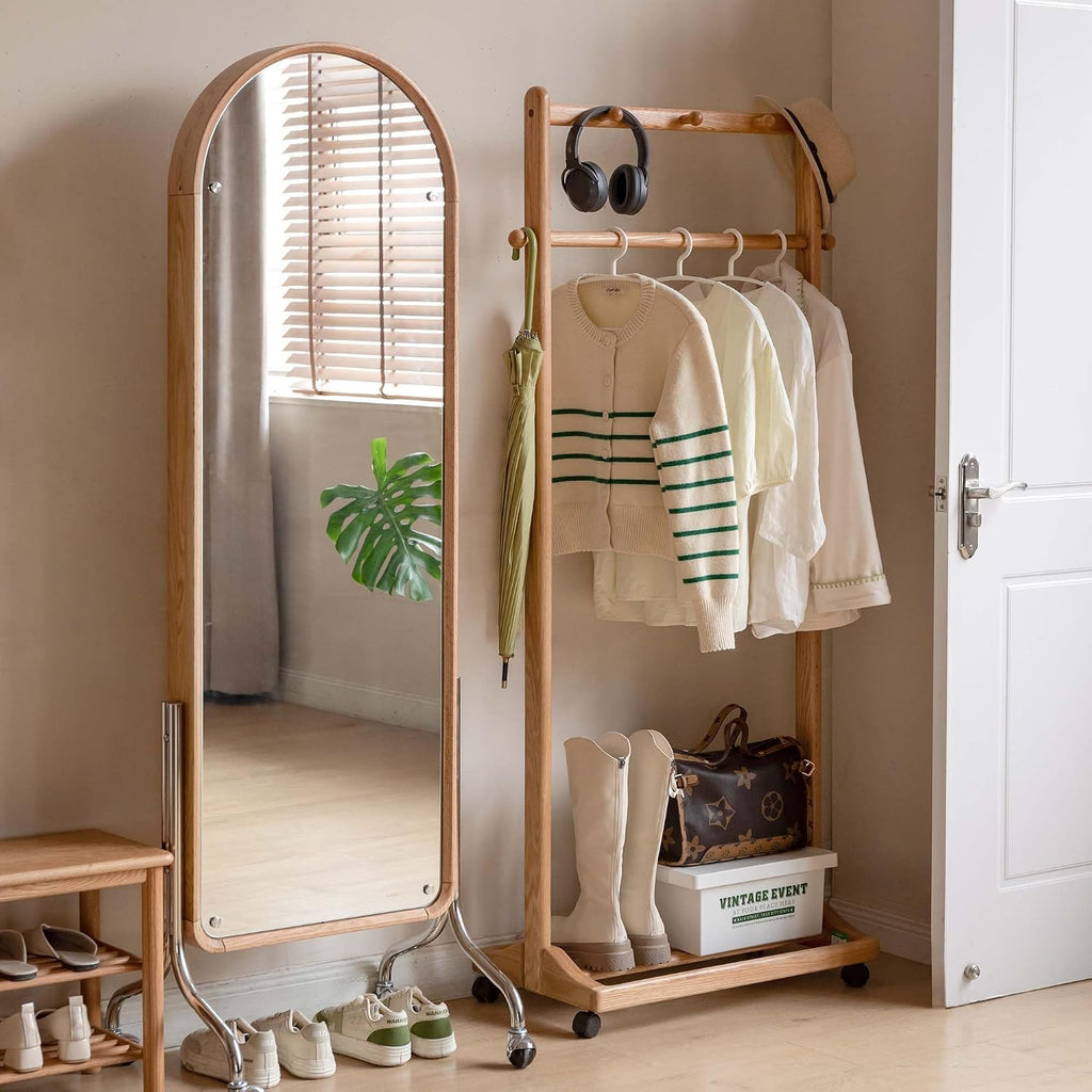 Solid Wood Clothes Rack, Rolling Garment Rack with Wheels & Shelves Storage & 5 Hooks Heavy Duty Clothing Rack,Clothing Racks for Hanging Clothes, Bedroom, Living Room, Entryway