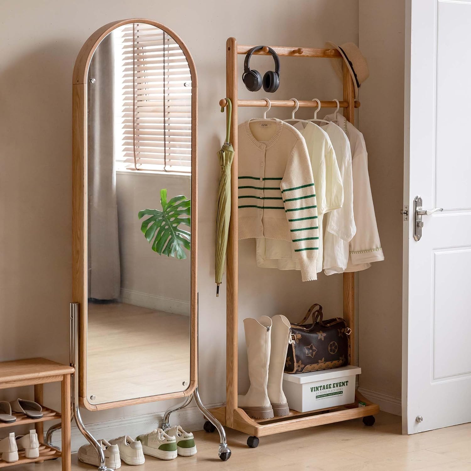 Solid Wood Clothes Rack, Rolling Garment Rack with Wheels & Shelves Storage & 5 Hooks Heavy Duty Clothing Rack,Clothing Racks for Hanging Clothes, Bedroom, Living Room, Entryway