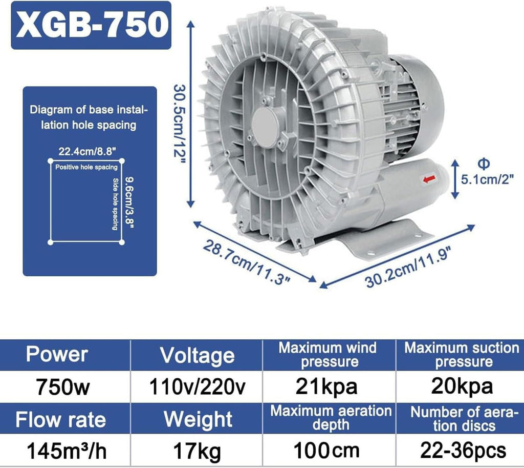 Single-phase radial fan gas ring turbine, regenerative blower, single-phase gas ring compressor, gas ring turbine side channel compressor 120W-2200W, for wastewater aeration aquarium,750W/1.01HP