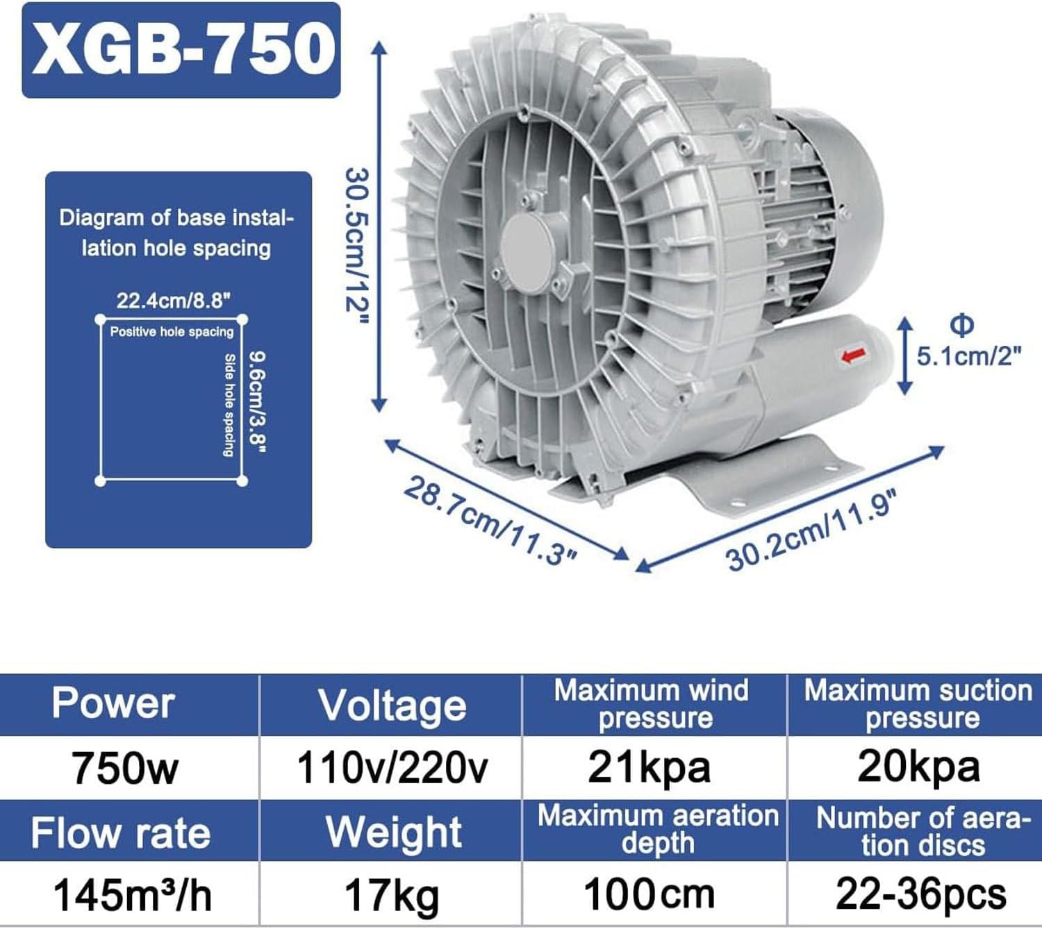 High-Pressure Vortex Ring Blower, 0.16 HP~2.95 HP Regenerative Blower, Single Phase High-Pressure Vortex Ring Blower, Side Channel Blower, Sewage Aeration Vortex Blower, Vacuum Pump,750W/1.01HP
