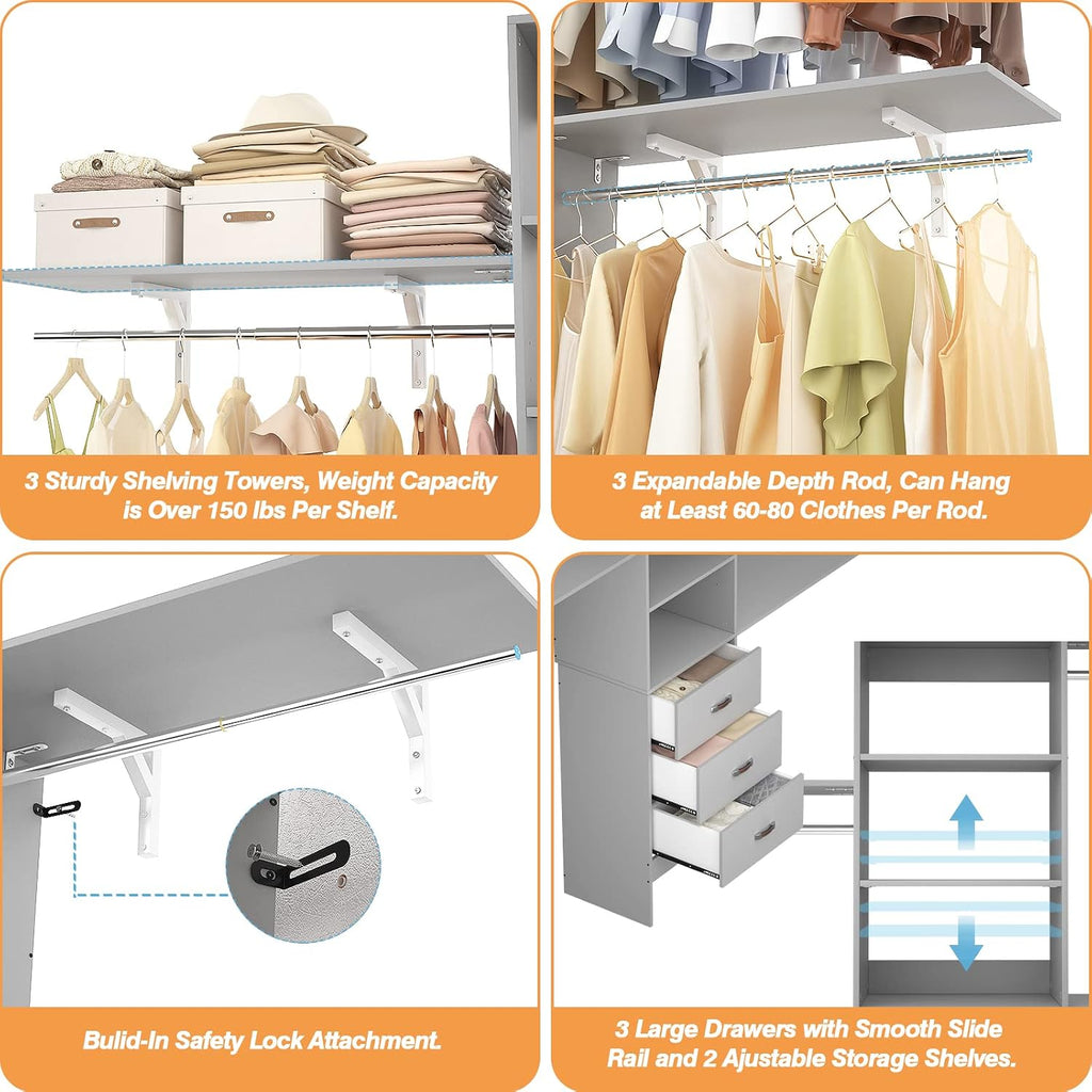iSunirm 8FT Closet System, 96'' Closet Organizer System with 3 Hanging Rods, Wall Mount Bedroom Wardrobe with 3 Drawers Walk-in Closet, Adjustable Cloth Garment Rack from 5 to 8FT (Cut to Fit), Grey