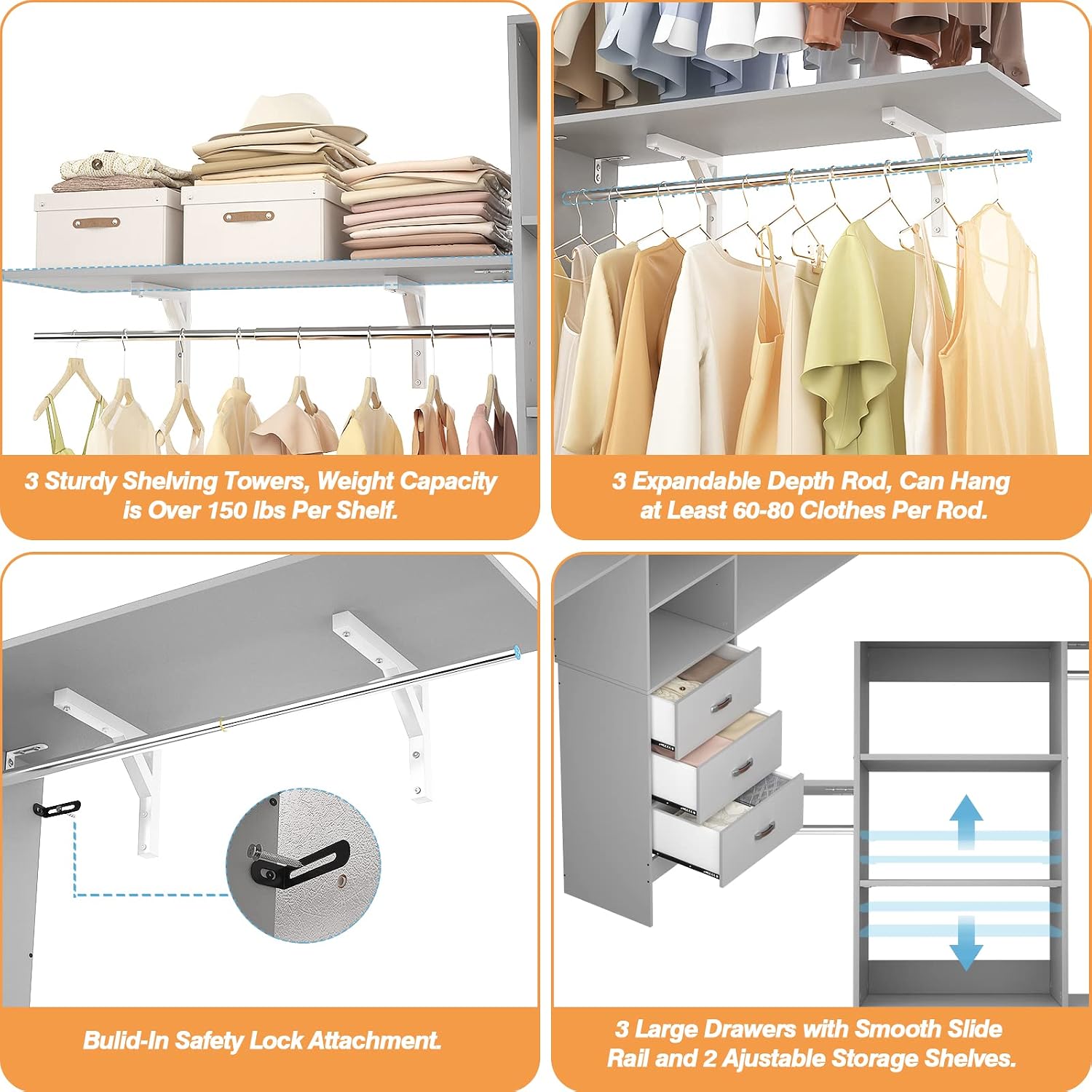 iSunirm 8FT Closet System, 96'' Closet Organizer System with 3 Hanging Rods, Wall Mount Bedroom Wardrobe with 3 Drawers Walk-in Closet, Adjustable Cloth Garment Rack from 5 to 8FT (Cut to Fit), Grey