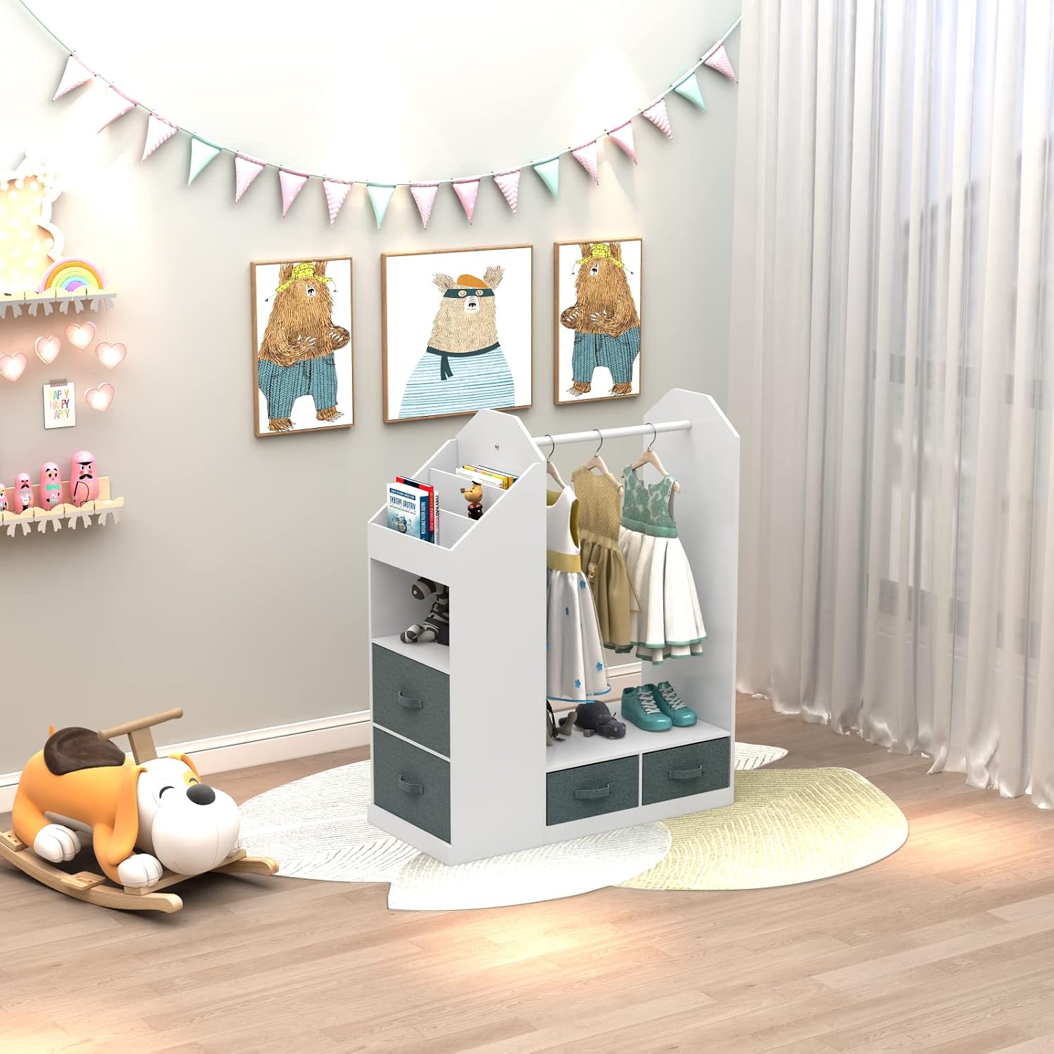 White Clothing Rack with Mirror Small Costume Organizer Storage Dress Up Rack Closet for Baby Clothes, White Dance Costume Garment Rack for Hanging Clothes, Garment Rack for Hanging Clothes Organizer