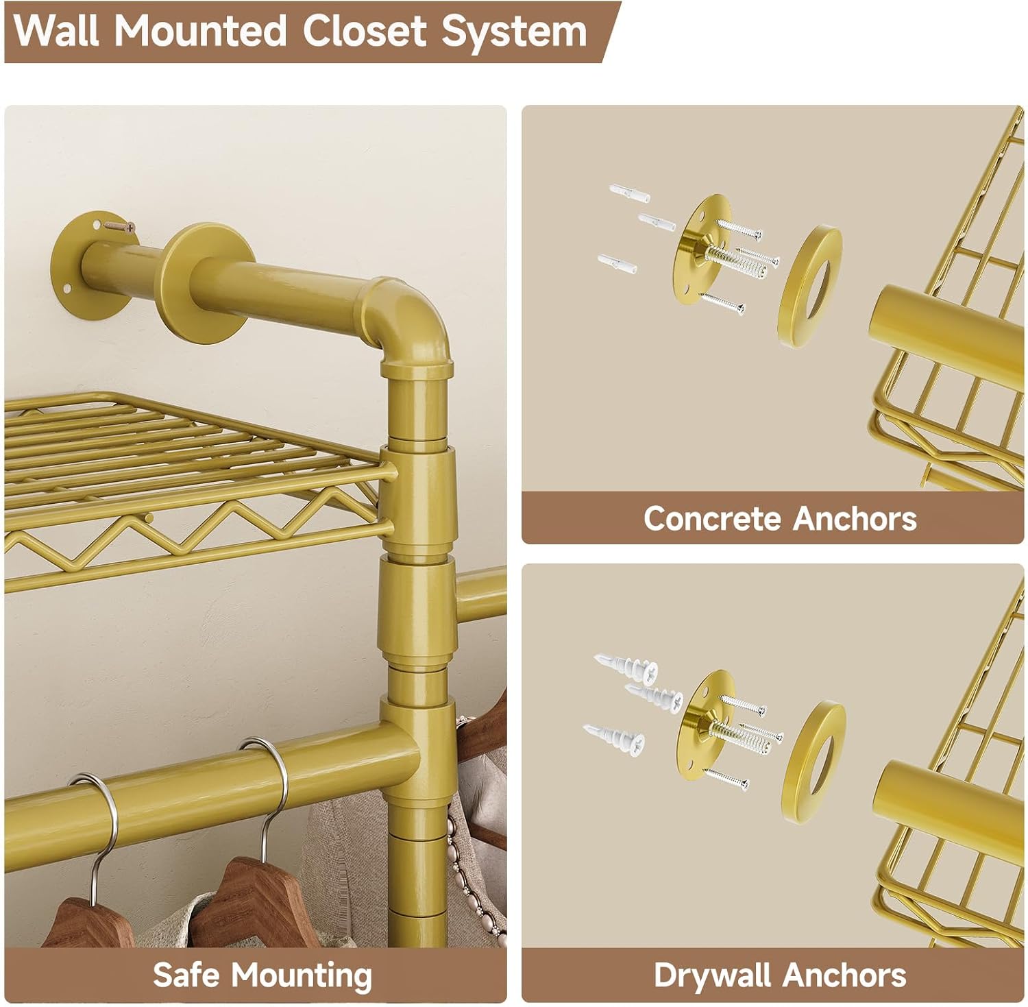 Wall Mounted Garment Rack, Industrial Pipe Clothing Rack, Closet System with 6 Expandable Rods, Walk in Closet Shelving, Clothes Organizers and Storage, Hanging Racks Wardrobe Renovation, Gold