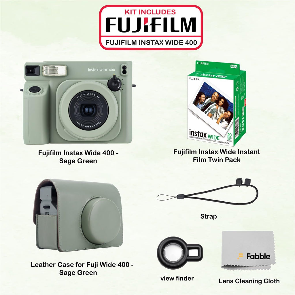 Fujifilm Instax Wide 400 Instant Film Camera (Sage Green) Bundle with Instax Wide Instant Film (20 Sheets), with Accessories Including Leather Camera Case