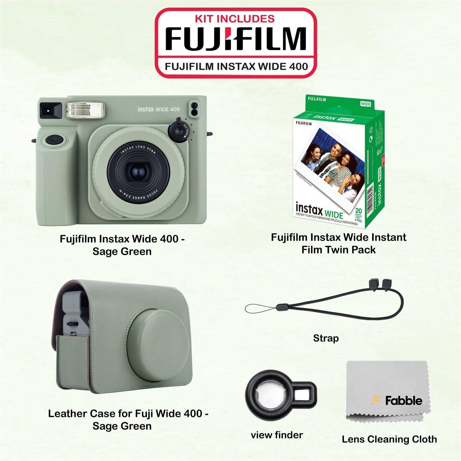 Fujifilm Instax Wide 400 Instant Film Camera (Sage Green) Bundle with Instax Wide Instant Film (20 Sheets), with Accessories Including Leather Camera Case
