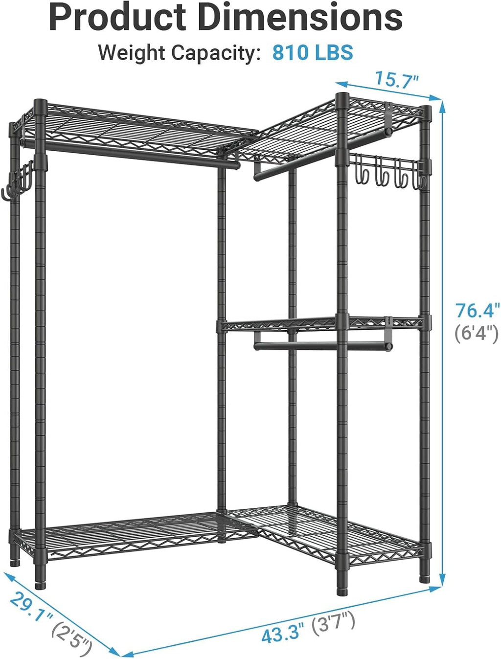 VIPEK L4 Clothes Rack L Shaped Garment Rack for Corner, 810lbs Heavy Duty Portable Closet Metal Clothing Rack, Adjustable Shelving/Sturdy Hanging Rods/Side Hooks, Black