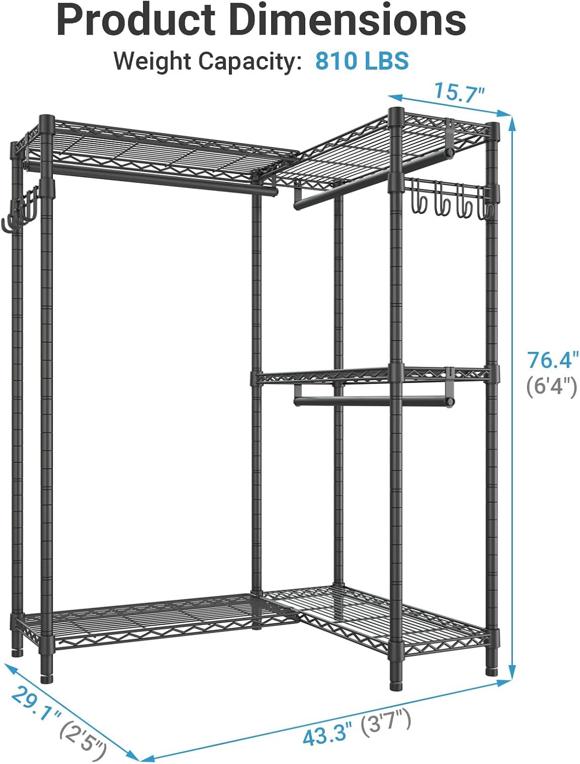 VIPEK L4 Clothes Rack L Shaped Garment Rack for Corner, 810lbs Heavy Duty Portable Closet Metal Clothing Rack, Adjustable Shelving/Sturdy Hanging Rods/Side Hooks, Black