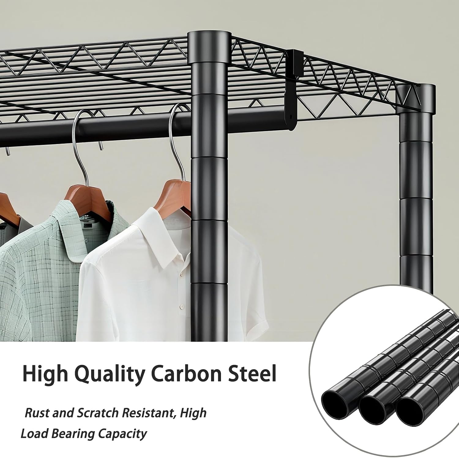 Heavy Duty Garment Rack, Freestanding Closet Organizer, Portable Wardrobe Clothes Rack, Adjustable Wire Shelving Clothes Rack with 8 Adjustable Wire Shelves and 5 Clothes Rails, Black (Without Hook)