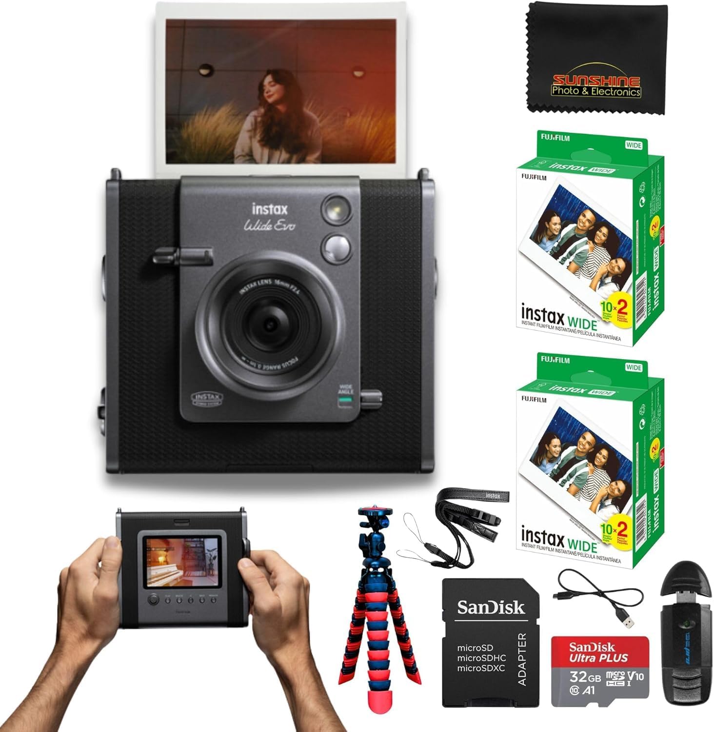 Fujifilm Instax Wide Evo Hybrid Instant Film Camera with 2 Packs Fujifilm Instax Wide Instant Film Twin Pack + 16GB Memory Card + Card Reader + Octo Tripod + Sunshine Photo Microfiber Cleaning Cloth