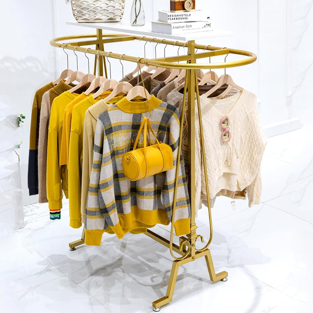 Round Clothing Rack, Commercial Floor Standing Clothes Hanging Rack, Oval Iron Clothing Hanging Rack, for Bedrooms Hanging Apparel, Boutiques Display, Laundry Room (Gold)