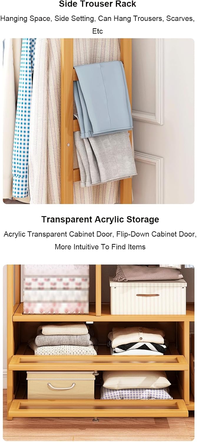 Bamboo Clothes Rack Storage Shelves w/2 Drawers Free Standing Garment Rack w/Side Hooks & Pants Rack Heavy Duty Clothing Hanging Rack for Hall