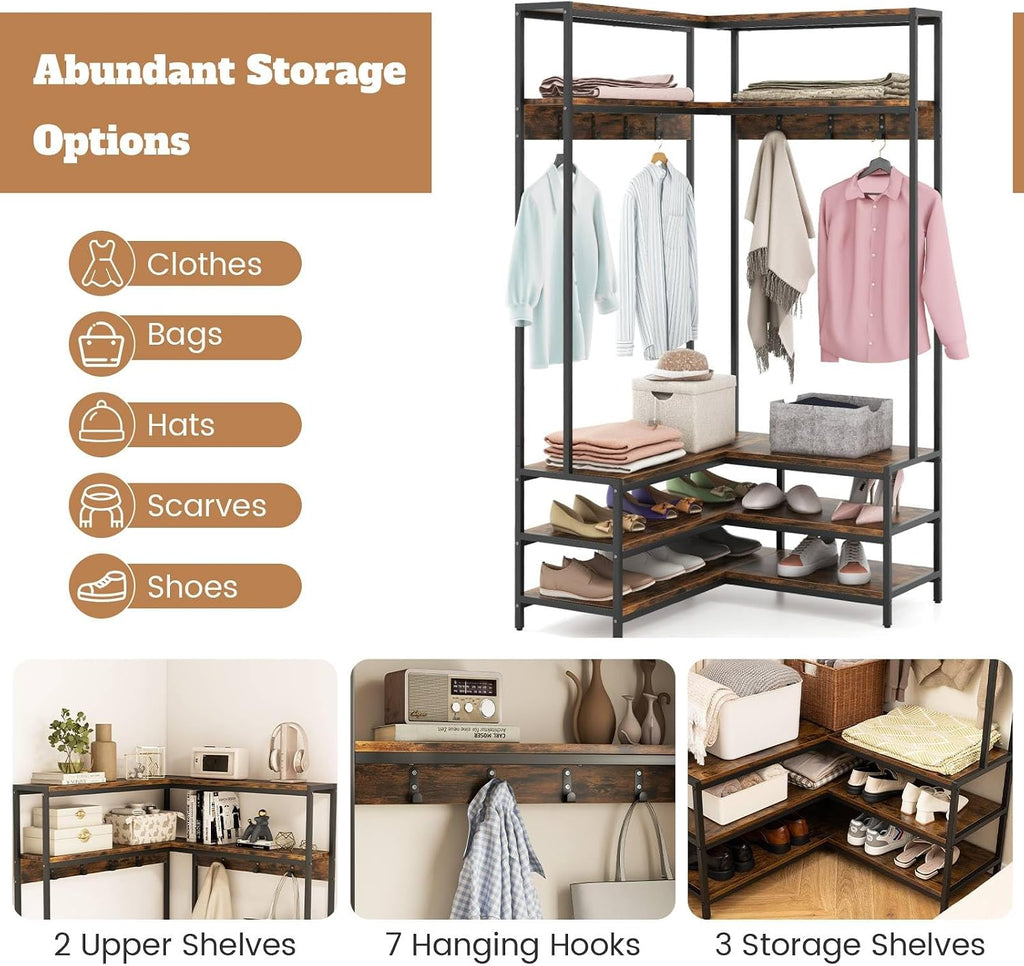 Multigot L-shaped Clothes Rack, Freestanding Corner Garment Rack Hall Tree with Shoe Storage Bench, Shelves and 7 Hooks, Metal Frame Coat Rack Stand Closet Storage Organizer (Rustic Brown+Black)