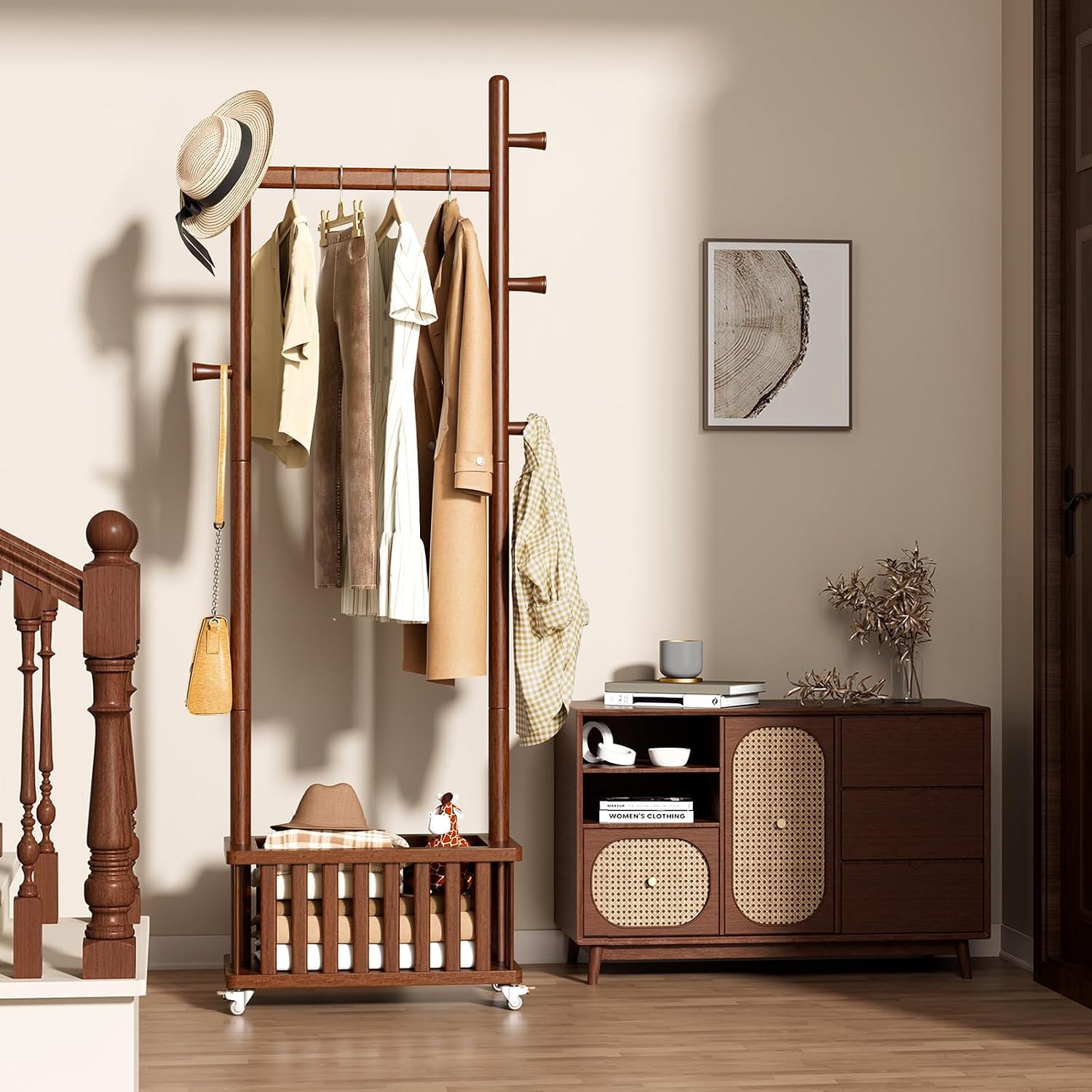 Taitiy Solid Wood Coat Rack Clothes Rack, Coat Rack Freestanding with Storage Basket and 5 Hooks, Heavy Duty Coat Tree for Entryway, Living room, Coat Hanger Stand for Hats, Bags Clothes