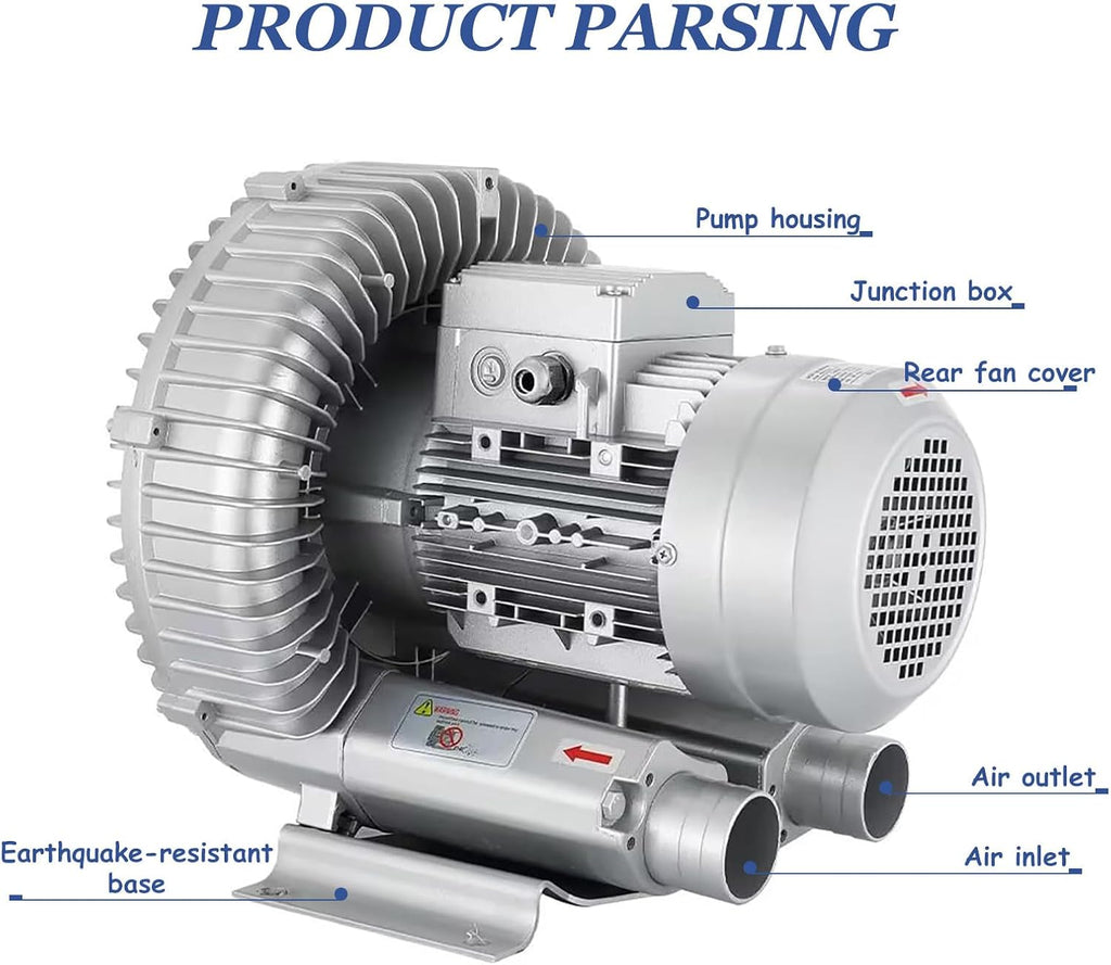 370W Regenerative Blower 220V Three Phase, High-Efficiency Vortex Ring Blower, Industrial Vacuum Pump for Air Blowing & Suction, Powerful 3-Turbine Design