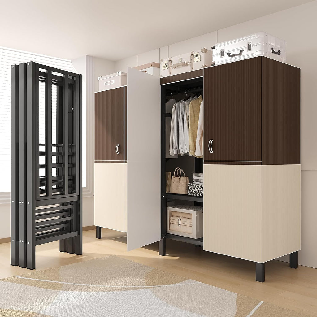 Heavy Duty Portable Closet Wardrobe, Garment Rack with Cover & Hanging Rods, Freestanding Wardrobe with Magnetic Door, Metal Closet Rack for Hanging Clothes (Door Design B, 70.9''/180cm)