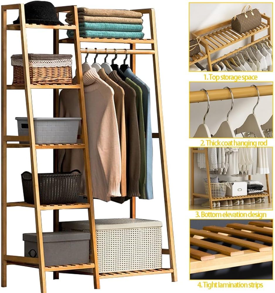 Free Standing Garment Rack with Shelves and Top Rod, Heavy Duty Clothes Rail for Bedroom, Max Load 220lbs