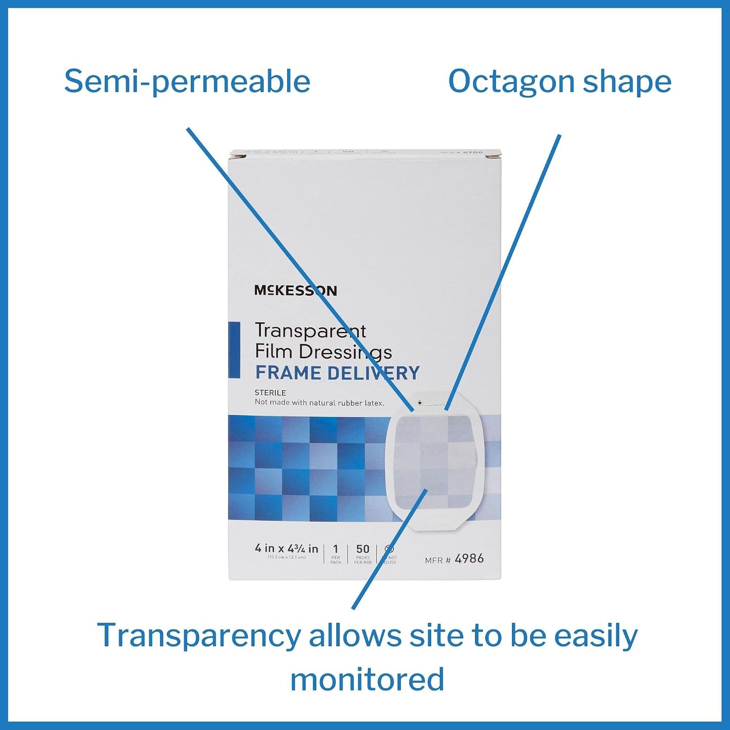 McKesson Transparent Film Dressing, Sterile, Frame Delivery, 4 in x 4 3/4 in, 50 Count, 4 Packs, 200 Total
