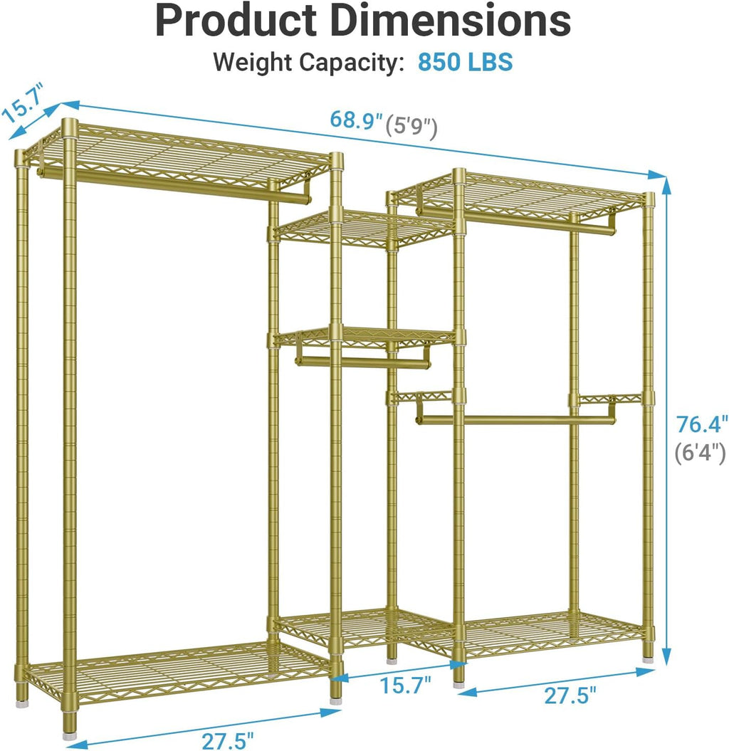 VIPEK Classic V6 Wire Garment Rack Heavy Duty Clothes Rack with 7 Adjustable Shelves & 4 Hanging Rods, Compact DIY Metal Clothing Racks 68.9' L x 15.7' W x 76.4' H, Max Load 840LBS, Gold