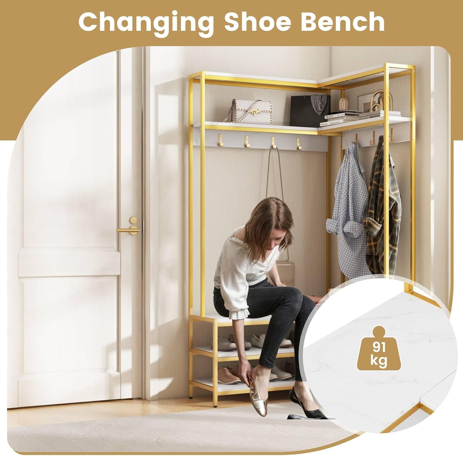 Multigot L-shaped Clothes Rack, Freestanding Corner Garment Rack Hall Tree with Shoe Storage Bench, Shelves and 7 Hooks, Metal Frame Coat Rack Stand Closet Storage Organizer (White+Golden)