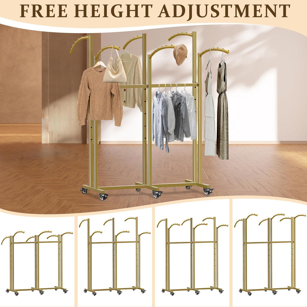 Clothes Rack 6 Arms Clothing Display Racks for Retail, Floor Standing Metal Garment Rack with Wheels 48'' to 67'' Adjustable Height for Hanging Clothes,Gold