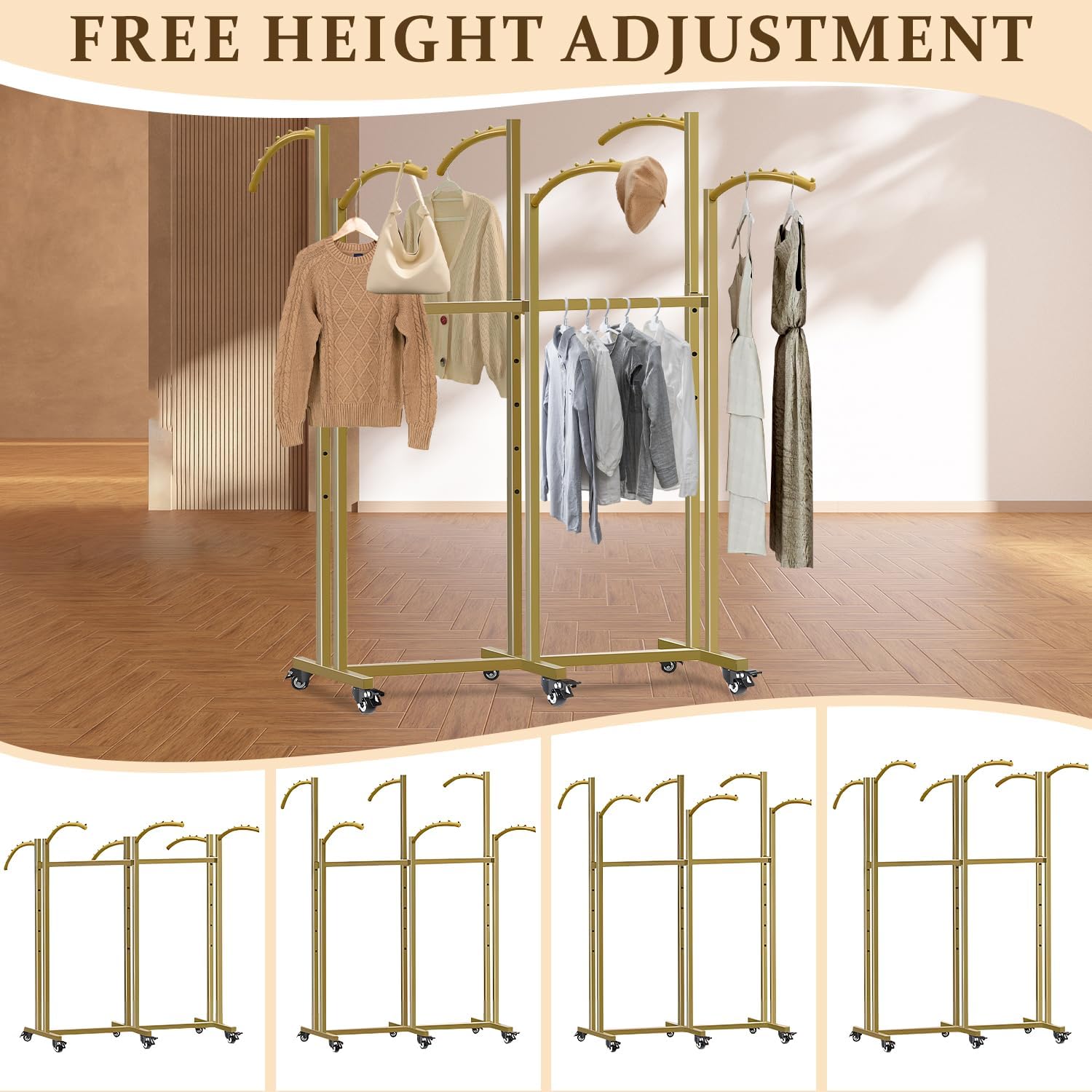 Clothes Rack 6 Arms Clothing Display Racks for Retail, Floor Standing Metal Garment Rack with Wheels 48'' to 67'' Adjustable Height for Hanging Clothes,Gold