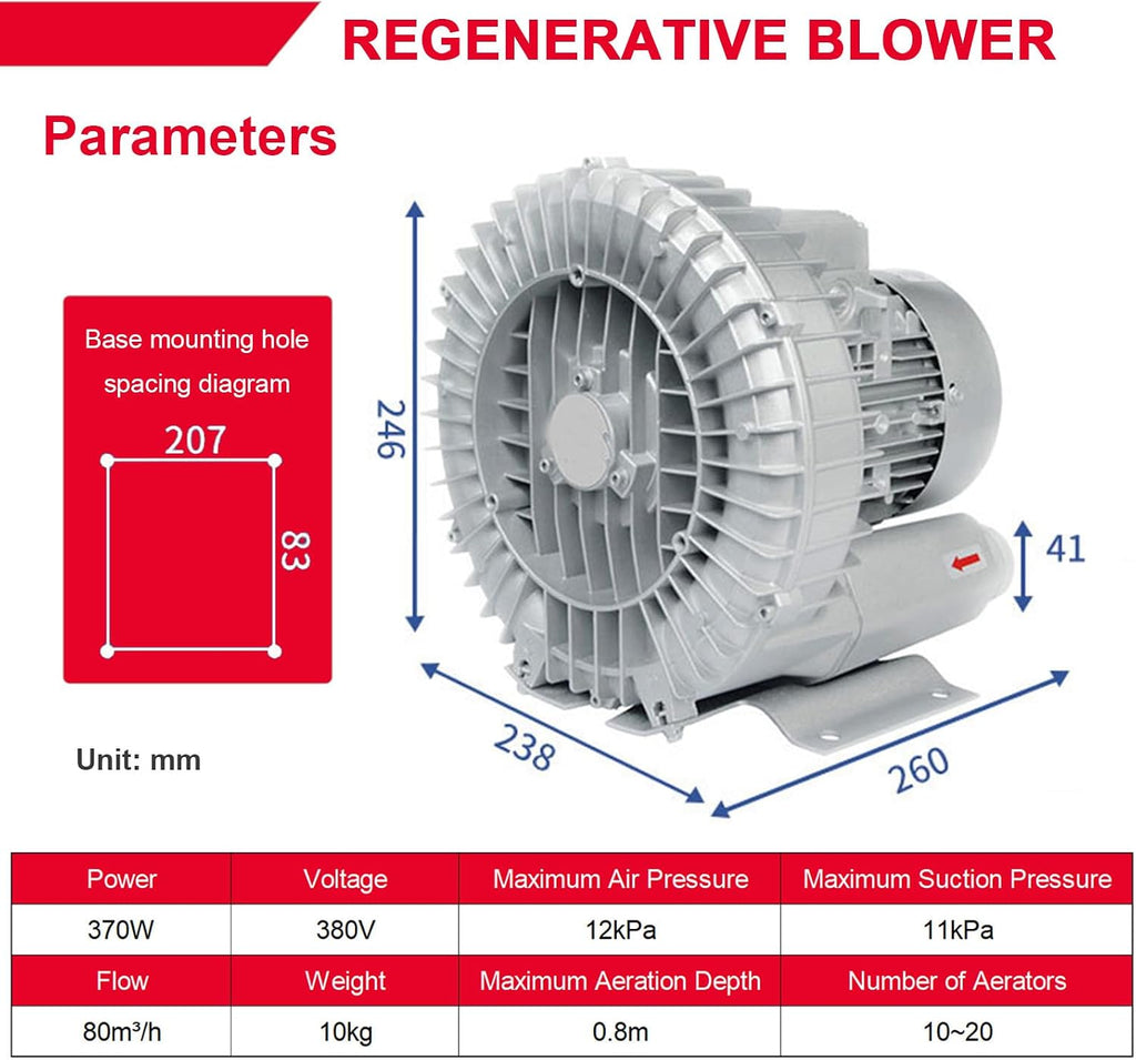 High Pressure Vortex Blower and Regenerative Air Blower 220V/380V – Heavy Duty Septic Tank Aerator Pump for Wastewater Treatment and Industrial Dust Control Systems 370W/380V