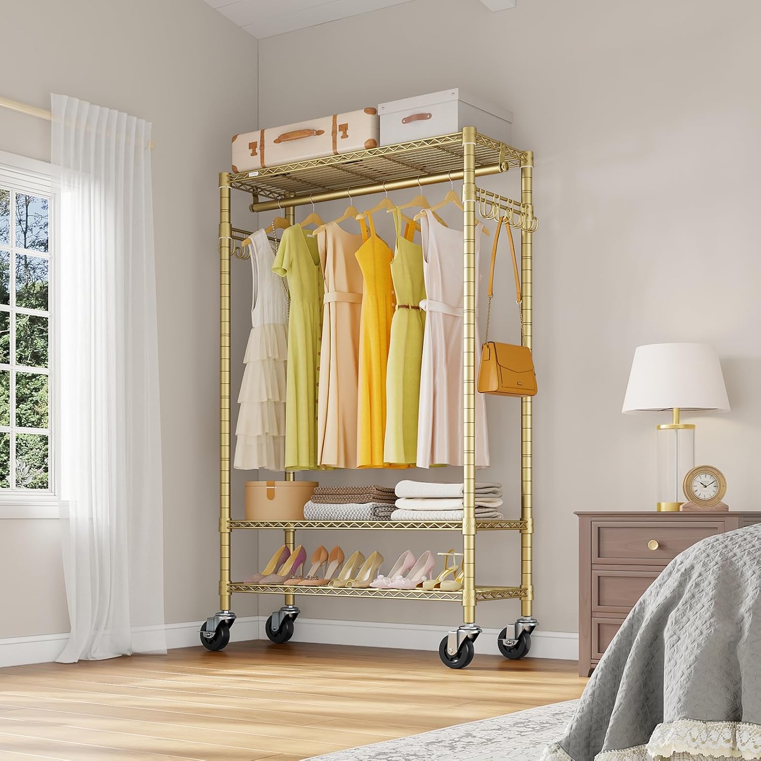 VIPEK R3 Heavy Duty Clothes Rack with Lockable Wheels, Rolling Portable Closet with Adjustable Shelves & Hanging Rod & Side Hooks, Compact Space-Saving Storage for Small Apartments/Dorms (Gold)