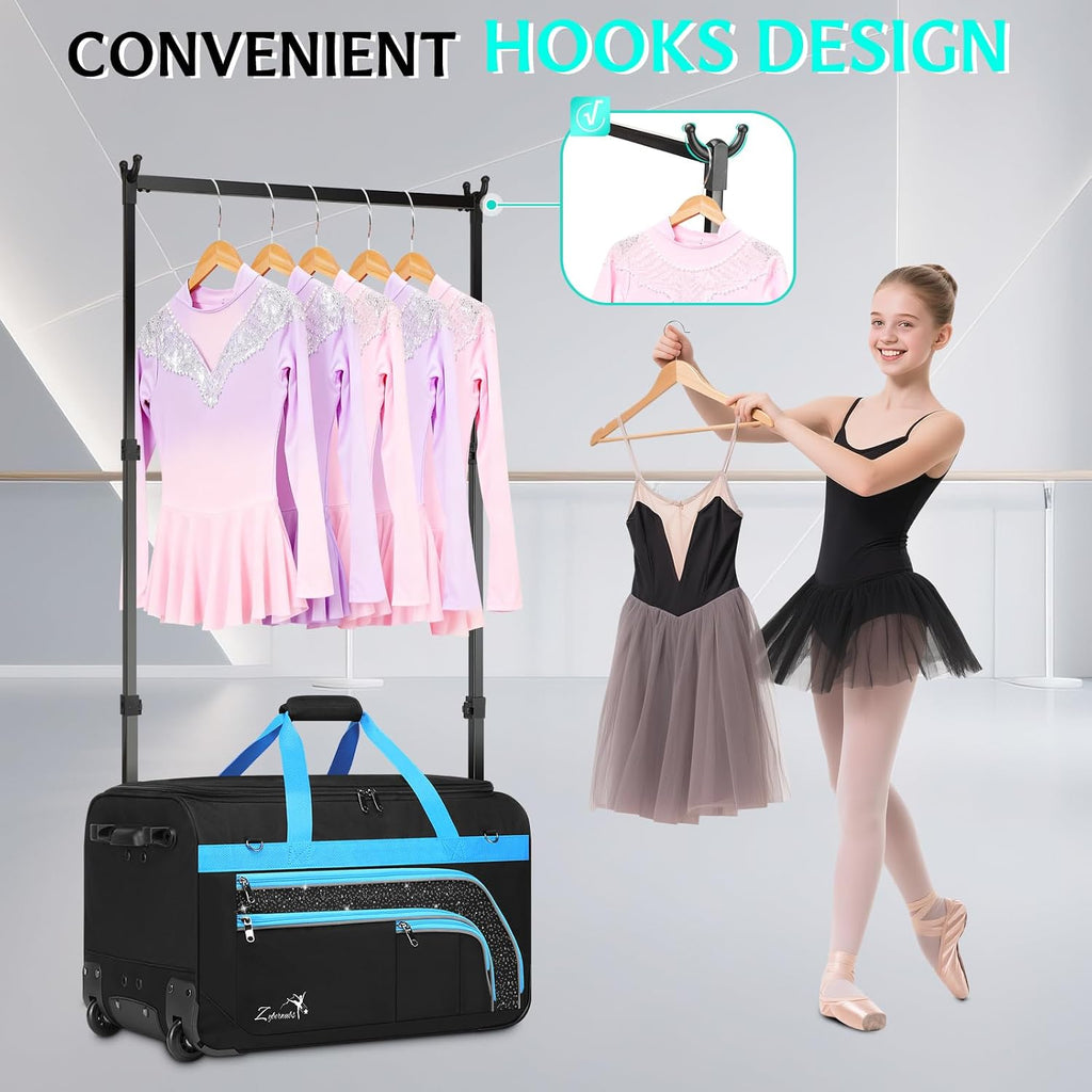 Dance Bag with Garment Rack - 28 Inch Professional Dance Competition Duffle Bag with Rack - Wheeled Dance Suitcase with Multiple Pockets for Dancers, Athlete, Travelers, and Livestreamer